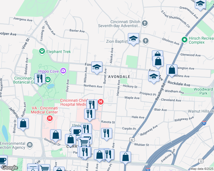 map of restaurants, bars, coffee shops, grocery stores, and more near 403 Hickory Street in Cincinnati