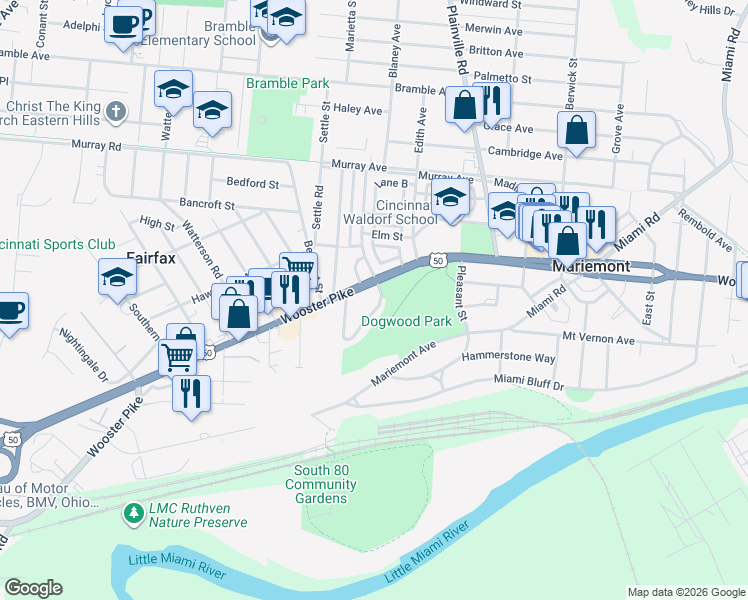 map of restaurants, bars, coffee shops, grocery stores, and more near 6583 Wooster Pike in Cincinnati
