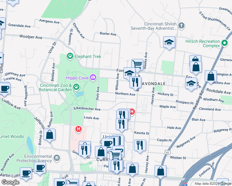map of restaurants, bars, coffee shops, grocery stores, and more near Wilson Ave & Northern Ave in Cincinnati