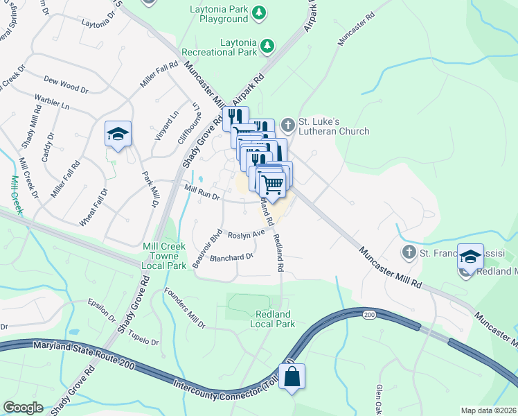 map of restaurants, bars, coffee shops, grocery stores, and more near 17530 Redland Road in Derwood