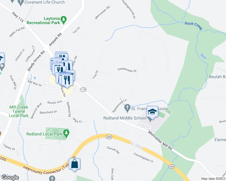 map of restaurants, bars, coffee shops, grocery stores, and more near 6710 Applewood Place in Rockville