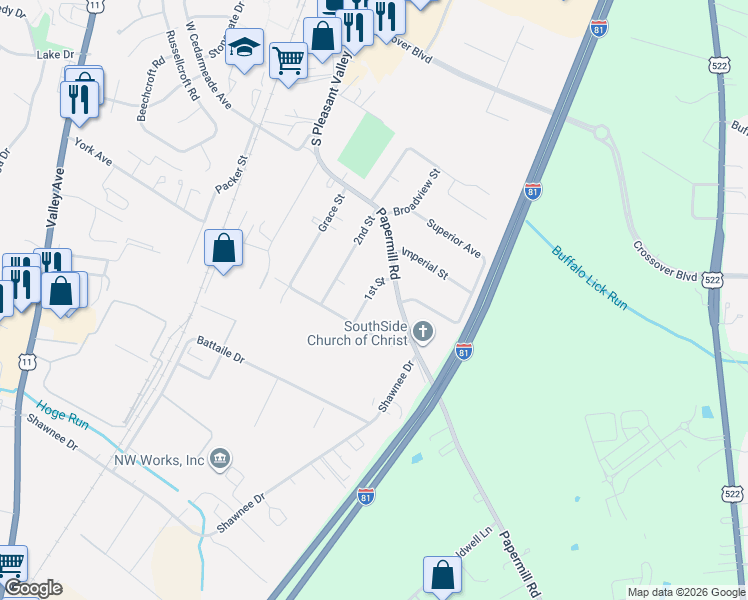 map of restaurants, bars, coffee shops, grocery stores, and more near 2920 1st Street in Winchester