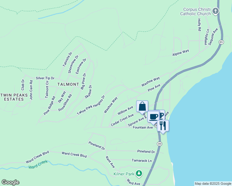 map of restaurants, bars, coffee shops, grocery stores, and more near 1590 Washoe Way in Tahoe City