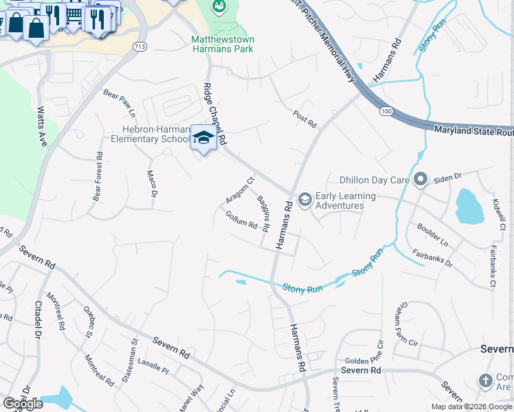 map of restaurants, bars, coffee shops, grocery stores, and more near 7710 Baggins Road in Hanover