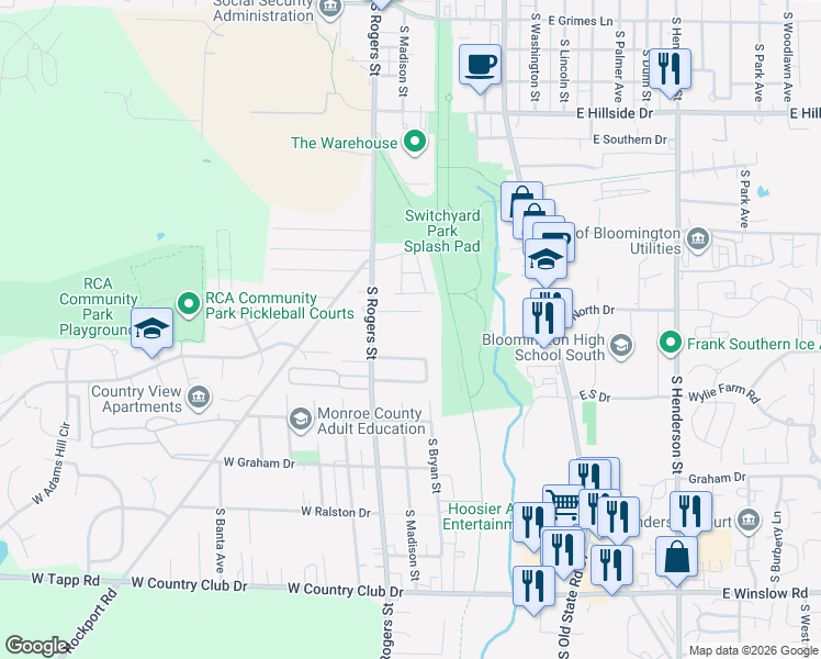 map of restaurants, bars, coffee shops, grocery stores, and more near 2119-2219 South Rogers Street in Bloomington
