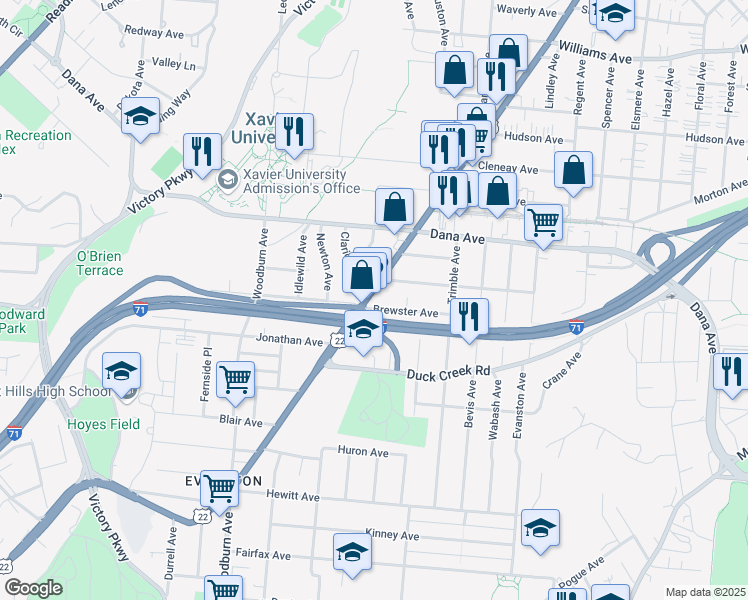 map of restaurants, bars, coffee shops, grocery stores, and more near 3550 Montgomery Road in Cincinnati