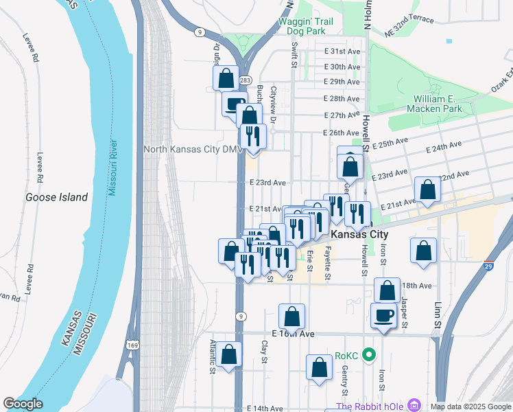 map of restaurants, bars, coffee shops, grocery stores, and more near 2101 Buchanan Street in North Kansas City
