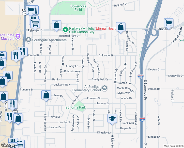 map of restaurants, bars, coffee shops, grocery stores, and more near 2580 Meadowbrook Ln in Carson City