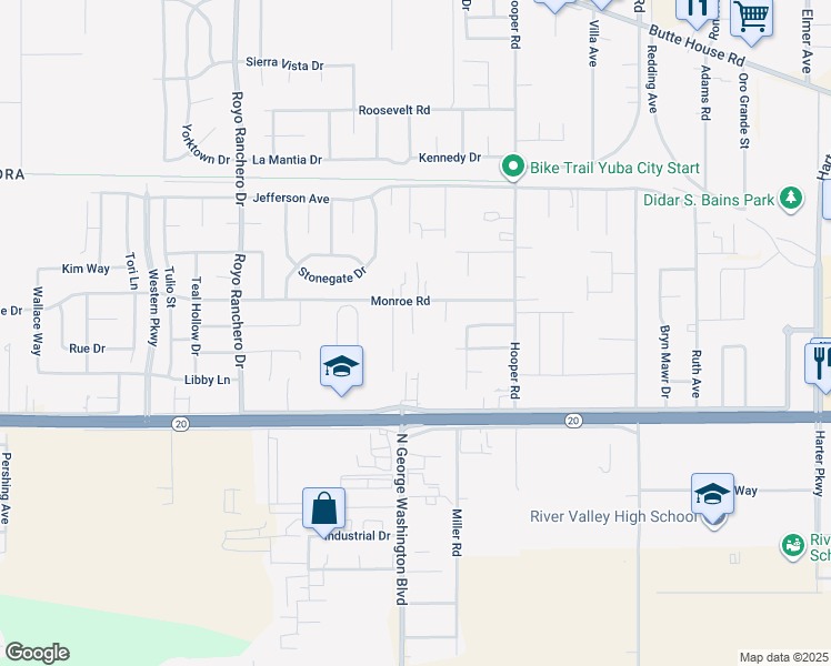 map of restaurants, bars, coffee shops, grocery stores, and more near 2934 Monroe Road in Yuba City