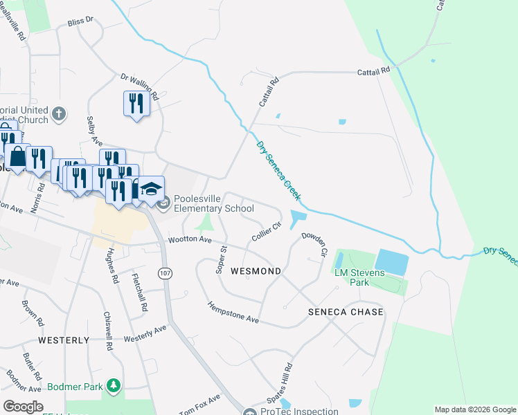 map of restaurants, bars, coffee shops, grocery stores, and more near 17620 Collier Circle in Poolesville
