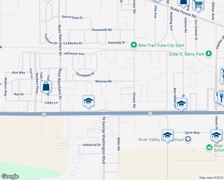 map of restaurants, bars, coffee shops, grocery stores, and more near 2934 Monroe Rd in Yuba City