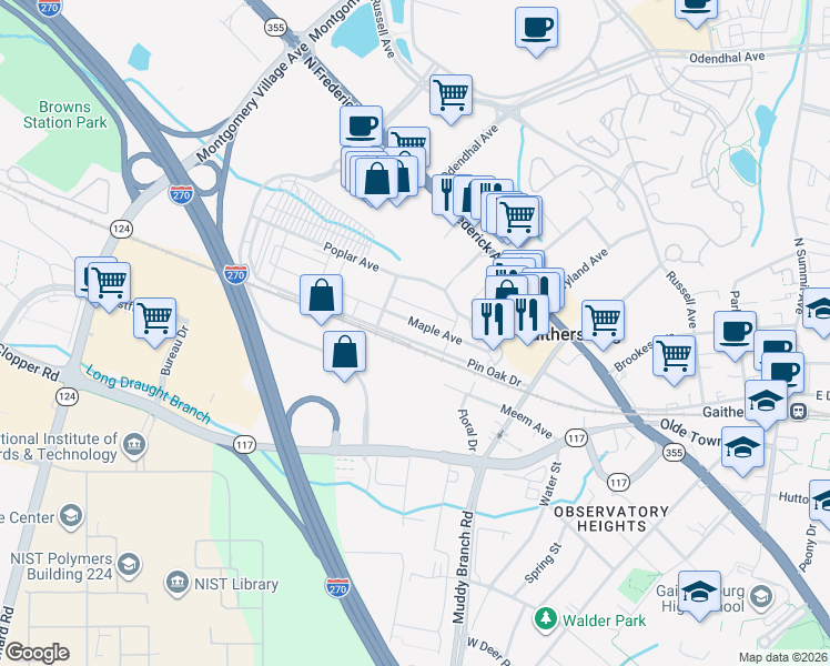 map of restaurants, bars, coffee shops, grocery stores, and more near 54 Cherry Bend Court in Germantown