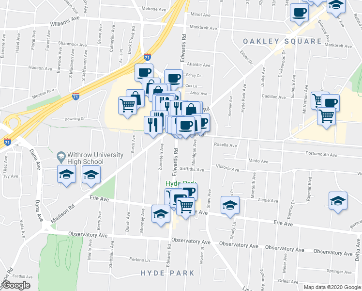 map of restaurants, bars, coffee shops, grocery stores, and more near 3642 Ohio 561 in Cincinnati