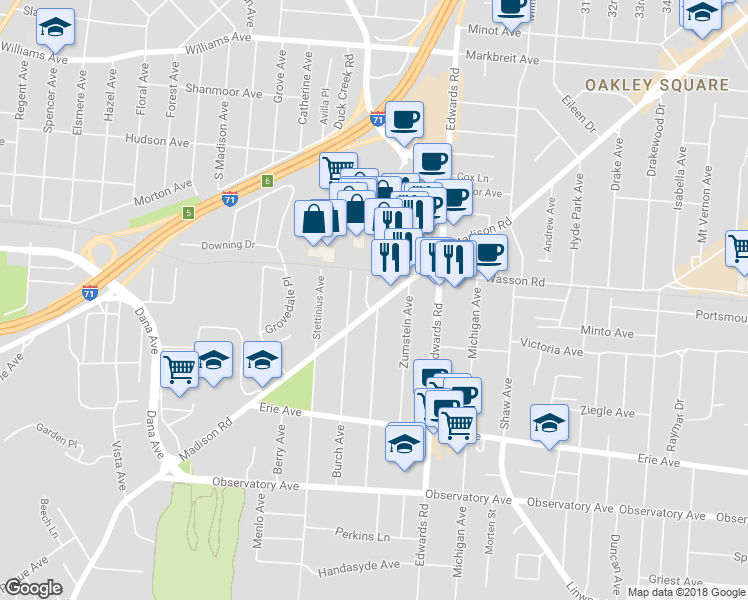map of restaurants, bars, coffee shops, grocery stores, and more near 2630 Madison Road in Cincinnati