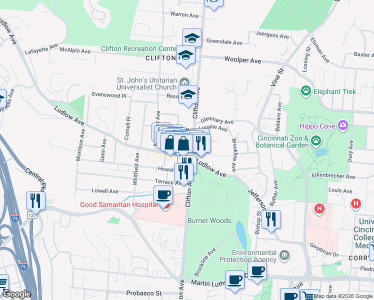 map of restaurants, bars, coffee shops, grocery stores, and more near 3410 Clifton Avenue in Cincinnati