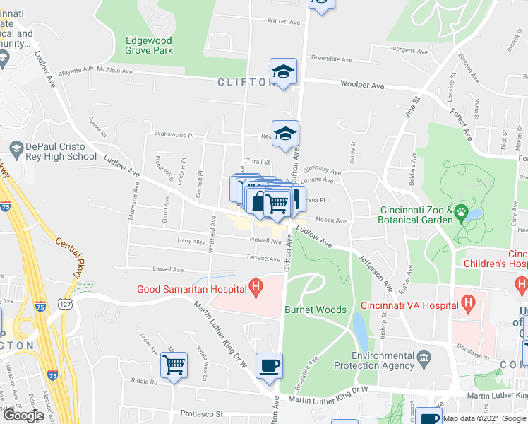 map of restaurants, bars, coffee shops, grocery stores, and more near 3408 Telford Street in Cincinnati