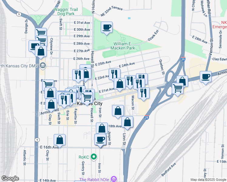 map of restaurants, bars, coffee shops, grocery stores, and more near 1003 East 21st Avenue in North Kansas City