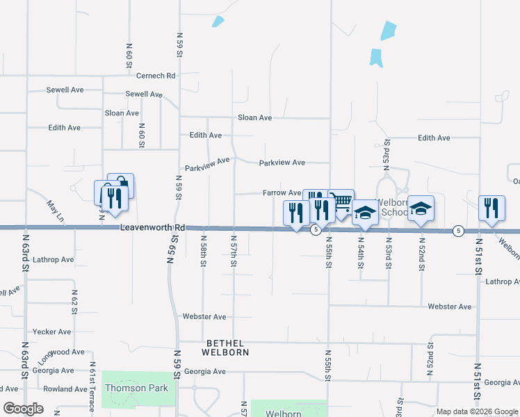 map of restaurants, bars, coffee shops, grocery stores, and more near 3122 North 56 Street in Kansas City