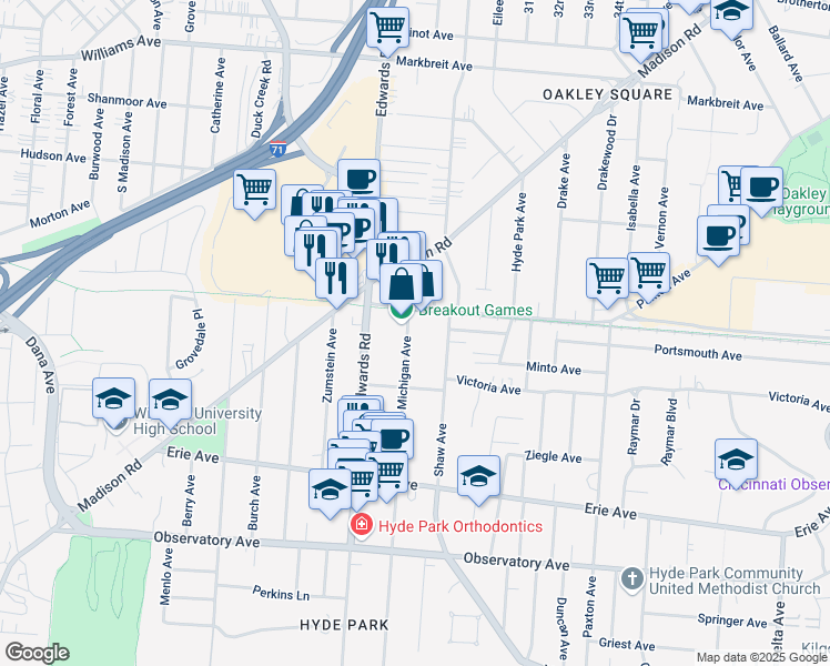 map of restaurants, bars, coffee shops, grocery stores, and more near 3646 Michigan Avenue in Cincinnati