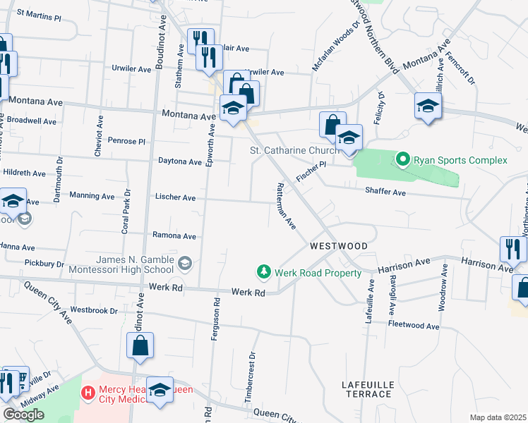 map of restaurants, bars, coffee shops, grocery stores, and more near 2885 Dirheim Avenue in Cincinnati