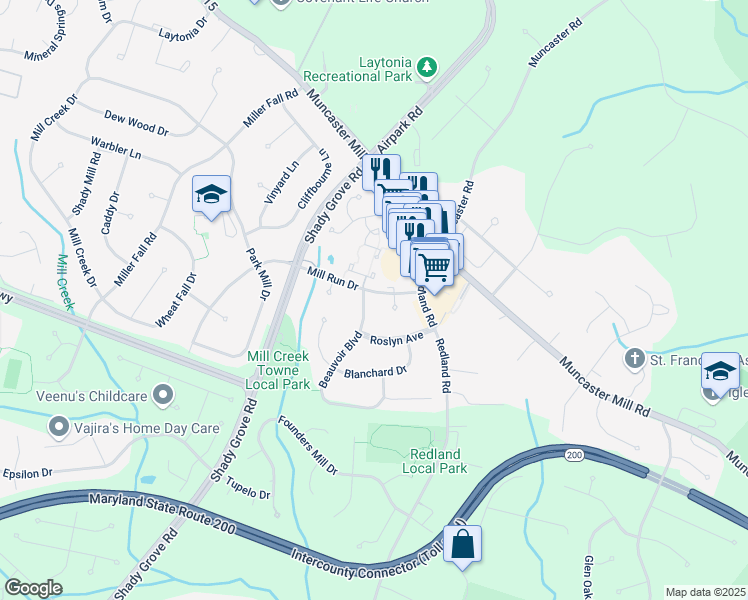 map of restaurants, bars, coffee shops, grocery stores, and more near 7116 Mill Run Drive in Rockville