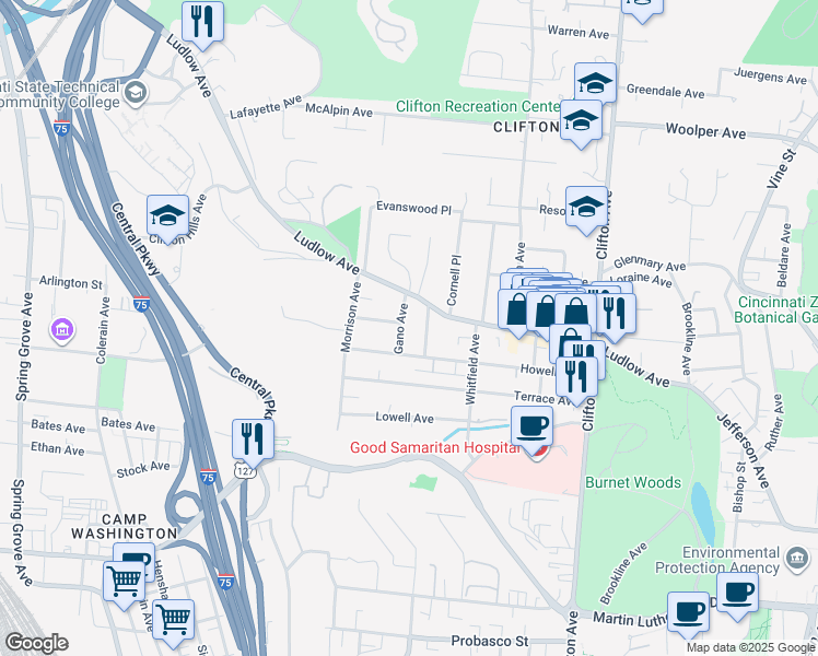 map of restaurants, bars, coffee shops, grocery stores, and more near 3344 Gano Avenue in Cincinnati