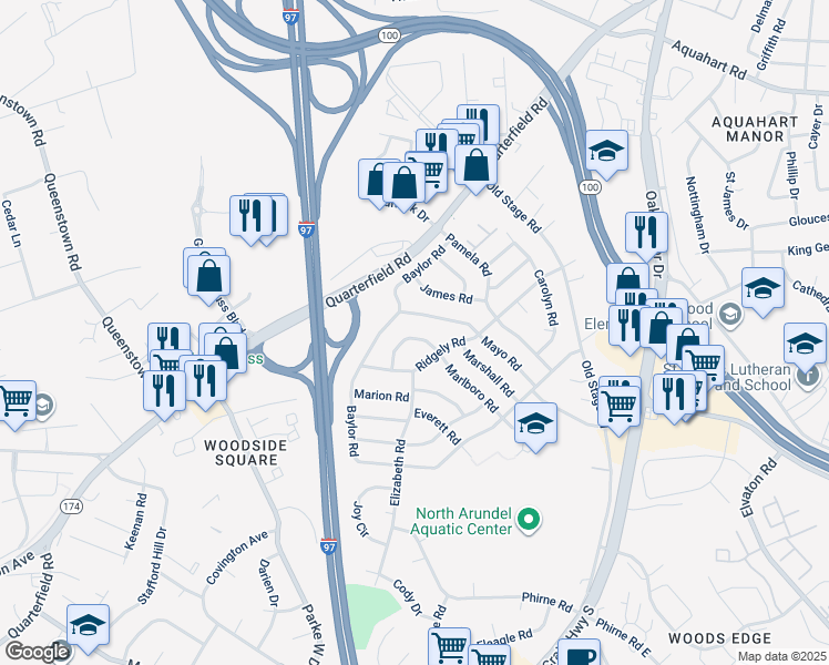 map of restaurants, bars, coffee shops, grocery stores, and more near 707 Marlboro Road in Glen Burnie