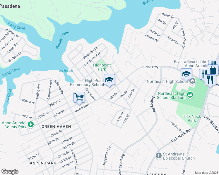 map of restaurants, bars, coffee shops, grocery stores, and more near 924 Duvall Highway in Pasadena