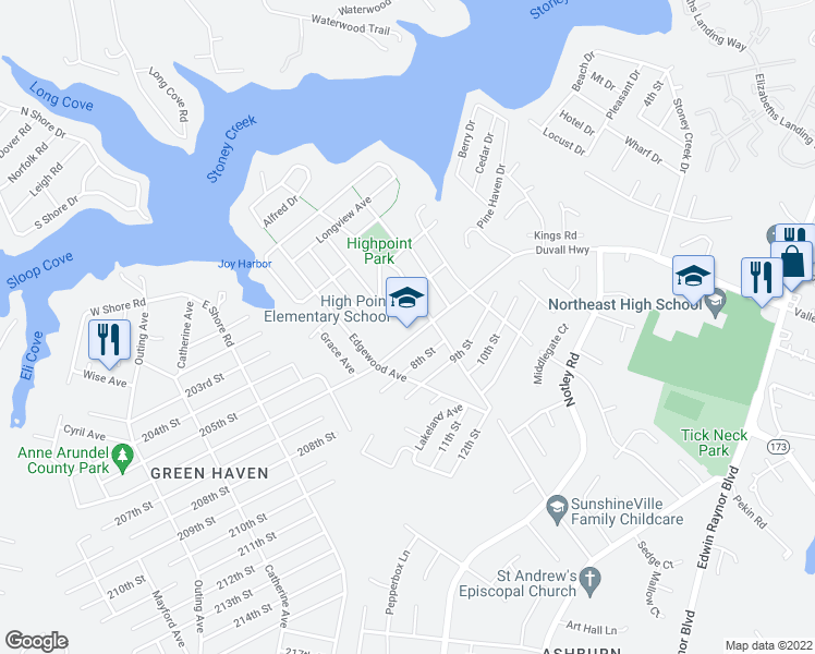 map of restaurants, bars, coffee shops, grocery stores, and more near 924 Duvall Highway in Pasadena