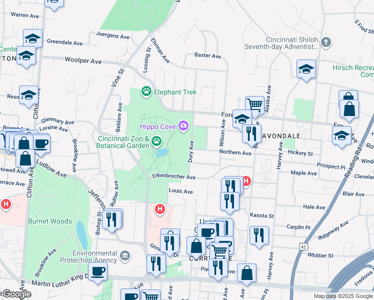 map of restaurants, bars, coffee shops, grocery stores, and more near 3449 Dury Avenue in Cincinnati