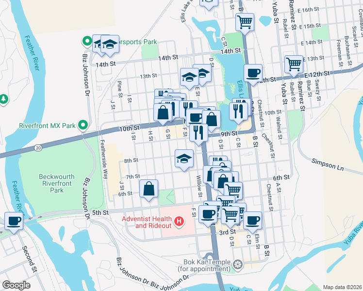 map of restaurants, bars, coffee shops, grocery stores, and more near 822 F Street in Marysville