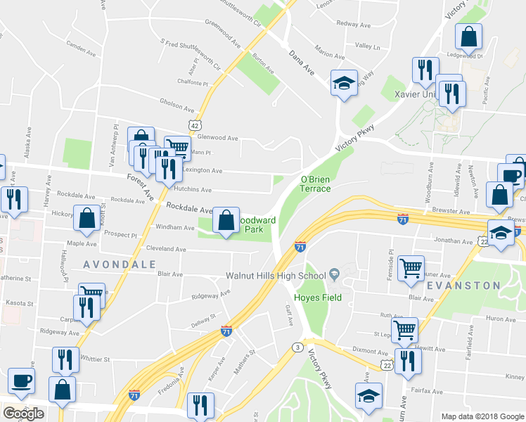 map of restaurants, bars, coffee shops, grocery stores, and more near 900 Rockdale Avenue in Cincinnati