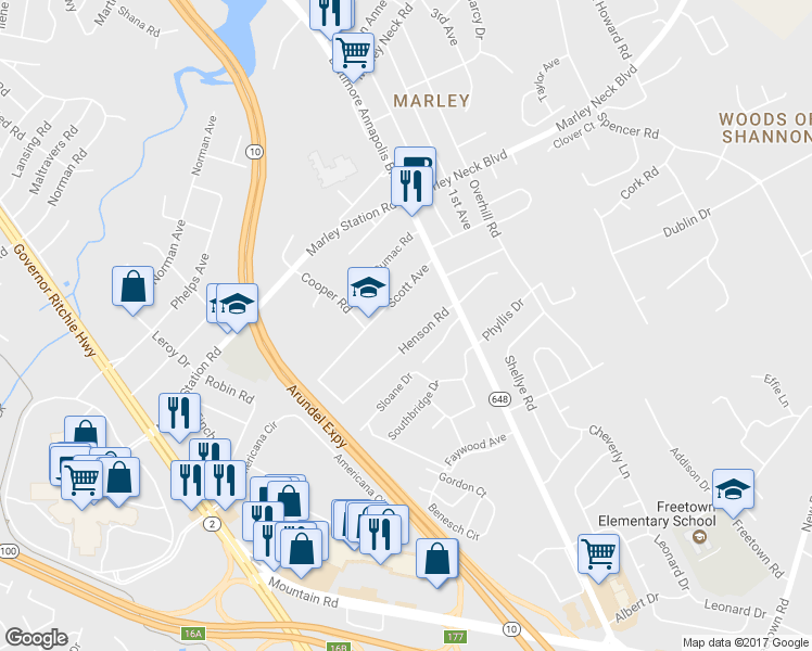 map of restaurants, bars, coffee shops, grocery stores, and more near 112 Henson Road in Glen Burnie