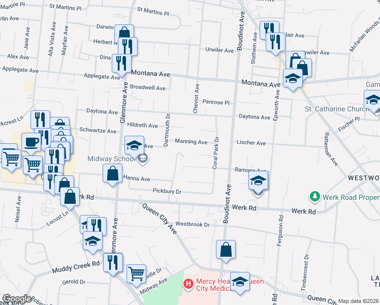map of restaurants, bars, coffee shops, grocery stores, and more near 3141 Manning Avenue in Cincinnati