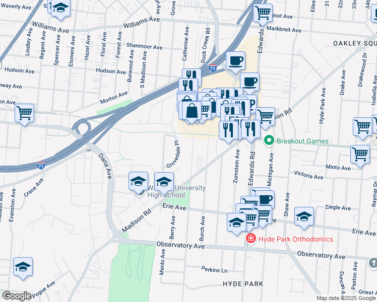 map of restaurants, bars, coffee shops, grocery stores, and more near 3647 Stettinius Avenue in Cincinnati