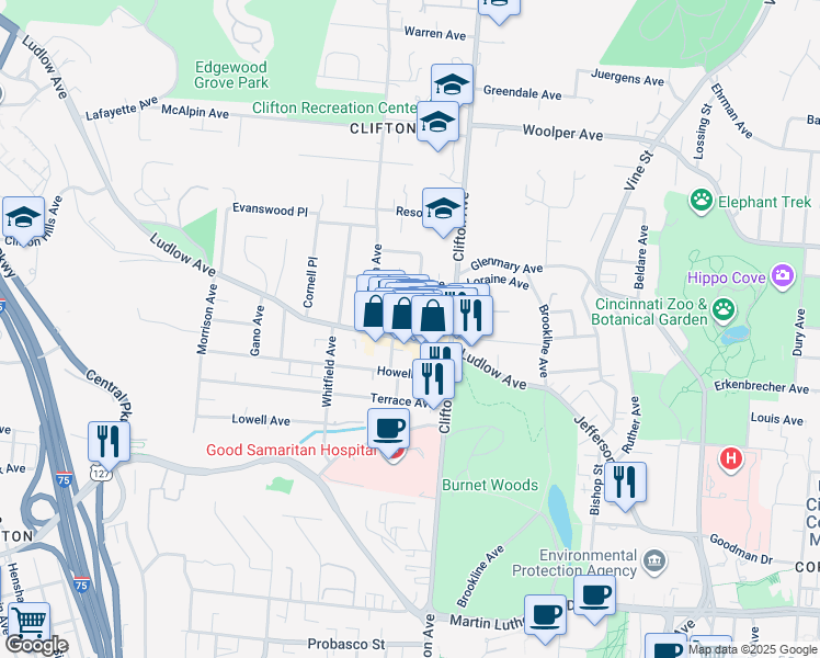map of restaurants, bars, coffee shops, grocery stores, and more near 3405 Telford Street in Cincinnati