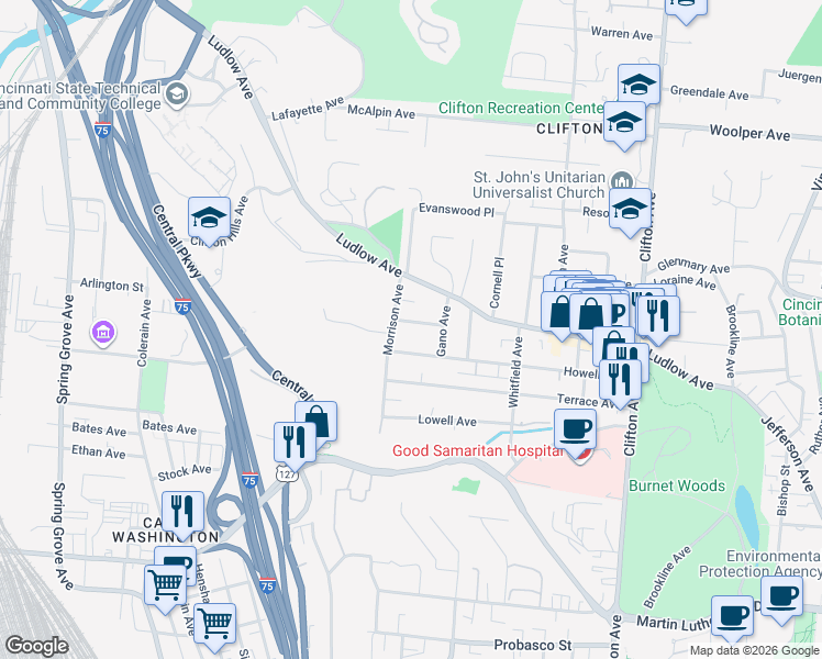 map of restaurants, bars, coffee shops, grocery stores, and more near 585 Wirham Place in Cincinnati