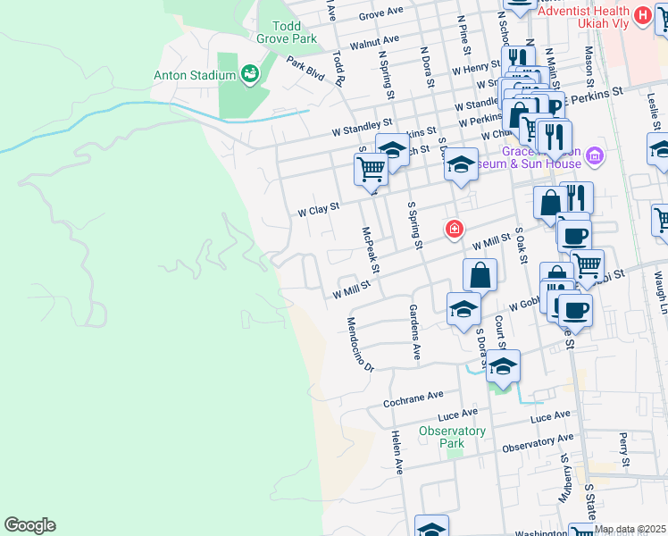 map of restaurants, bars, coffee shops, grocery stores, and more near 155 Calvert Court in Ukiah