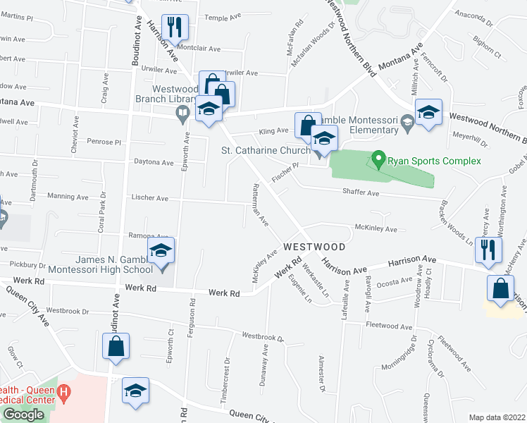 map of restaurants, bars, coffee shops, grocery stores, and more near 2880 Ratterman Avenue in Cincinnati