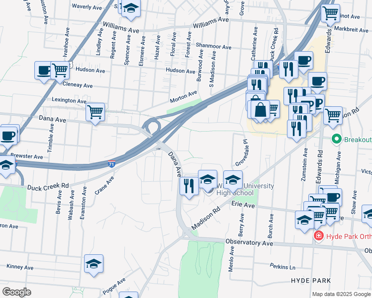 map of restaurants, bars, coffee shops, grocery stores, and more near 3603 Tamarack Avenue in Cincinnati