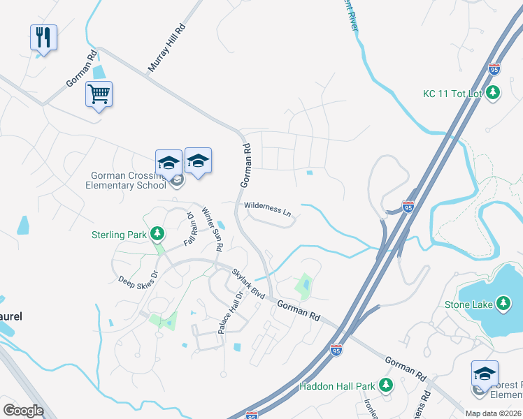 map of restaurants, bars, coffee shops, grocery stores, and more near 9831 Wilderness Lane in Laurel
