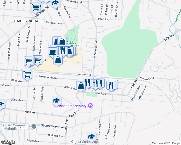 map of restaurants, bars, coffee shops, grocery stores, and more near 3330 Marburg Square Lane in Cincinnati