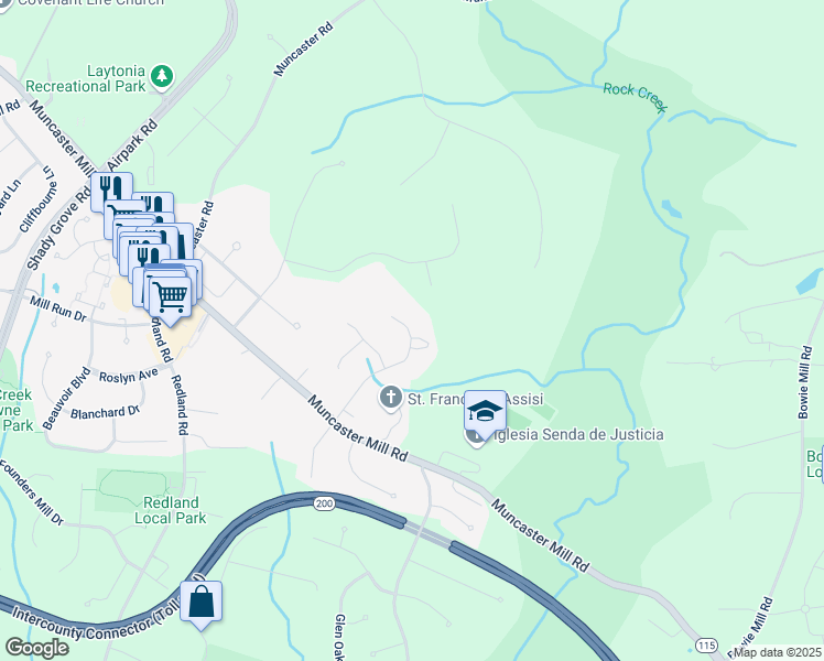 map of restaurants, bars, coffee shops, grocery stores, and more near 17535 Applewood Lane in Rockville