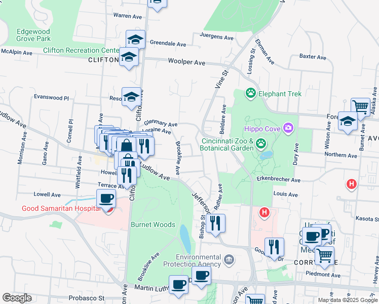 map of restaurants, bars, coffee shops, grocery stores, and more near 120 Hosea Avenue in Cincinnati