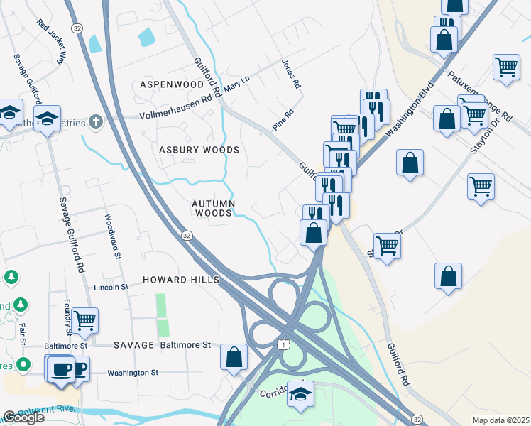 map of restaurants, bars, coffee shops, grocery stores, and more near 8812 Red Spruce Way in Jessup