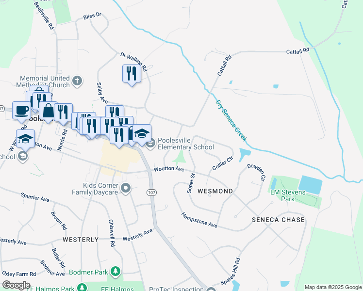 map of restaurants, bars, coffee shops, grocery stores, and more near 17635 Kohlhoss Road in Poolesville