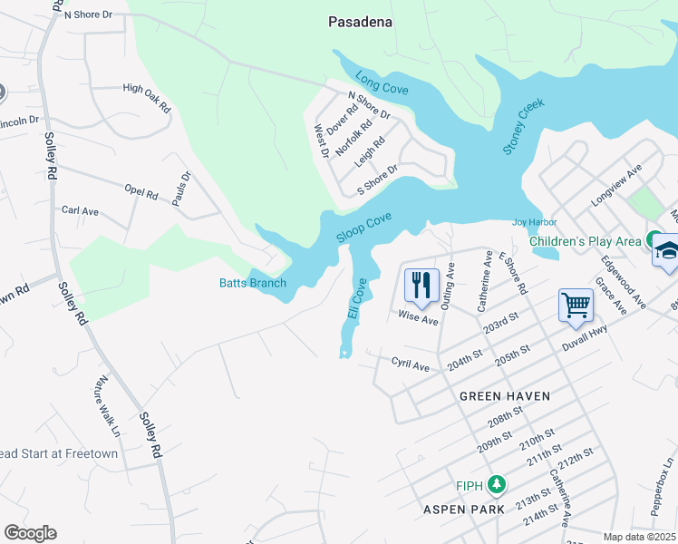 map of restaurants, bars, coffee shops, grocery stores, and more near 792 Powhatan Beach Road in Pasadena