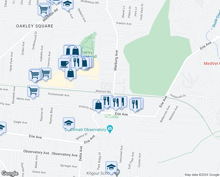 map of restaurants, bars, coffee shops, grocery stores, and more near 3330 Marburg Square Lane in Cincinnati
