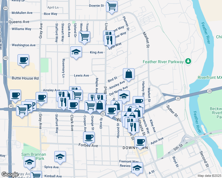 map of restaurants, bars, coffee shops, grocery stores, and more near 466 Ainsley Avenue in Yuba City