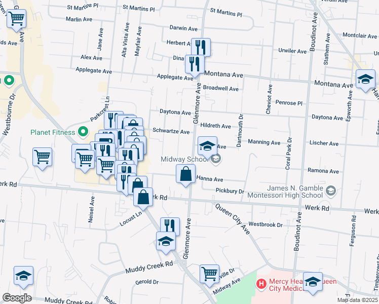 map of restaurants, bars, coffee shops, grocery stores, and more near 3197 Glenmore Avenue in Cincinnati